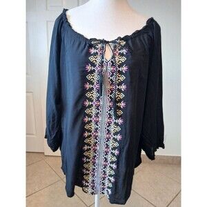 united world wear womens blouse black 3/4 ballon sleeve tassed embroired size XL